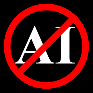 Typography of AI with a red "no" symbol over it.